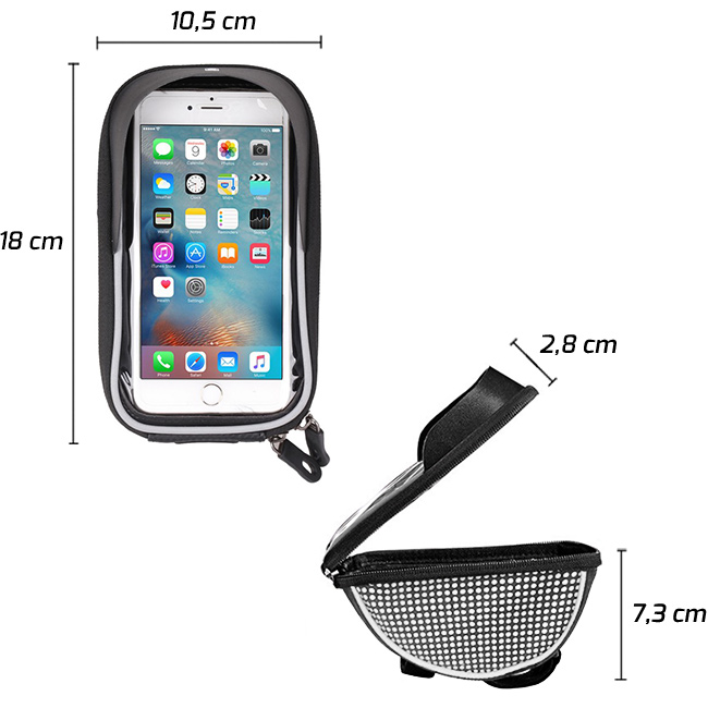 Rozměry brašny na mobil pouzdra na kolo - držáku.